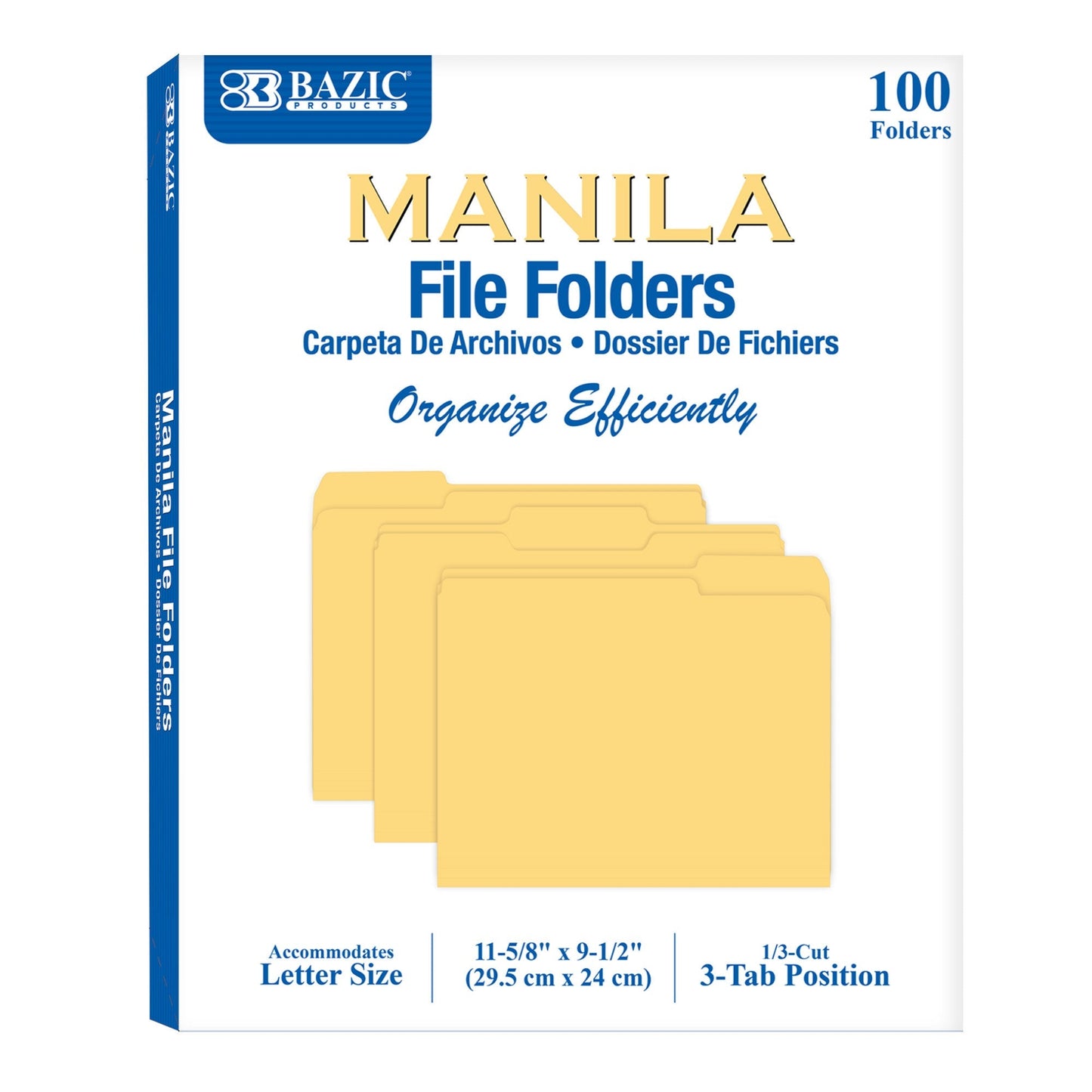 BAZIC Manila File Folder 1/3 Cut Letter Size (100/Pack) [3184]