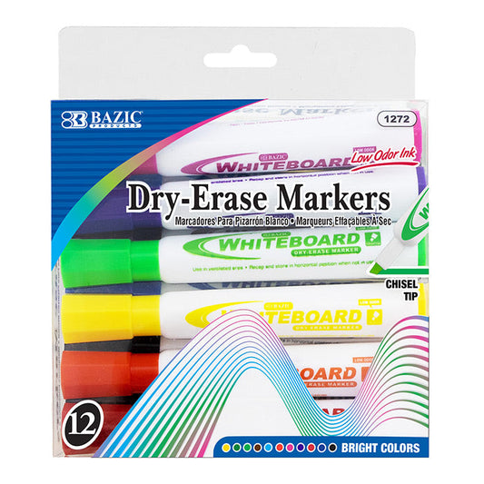 BAZIC Bright Colors Chisel Tip Dry-Erase Markers (12/Box) [1272]