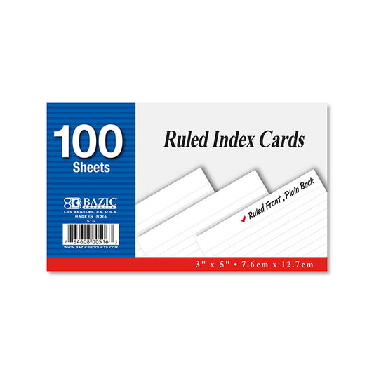 BAZIC 100 Ct. 3" X 5" Ruled White Index Card [516]