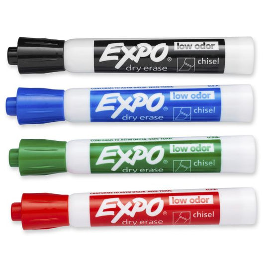 EXPO Low-Odor Dry-Erase Markers, Chisel Point, Assorted Colors, Pack Of 4 [SAN80074]