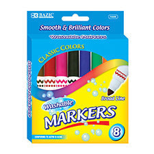 BAZIC 8 Colors Broad Line Jumbo Washable Markers [1225]