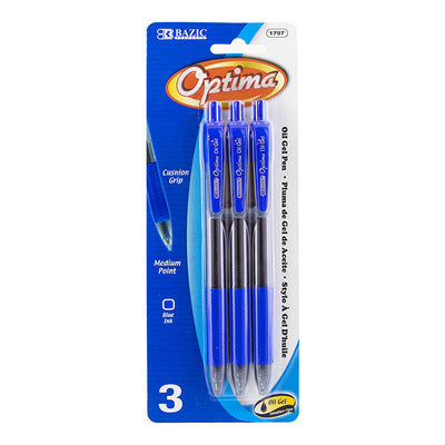 BAZIC Optima Blue Oil-Gel Ink Retractable Pen w/ Grip (3/Pack) [1797]
